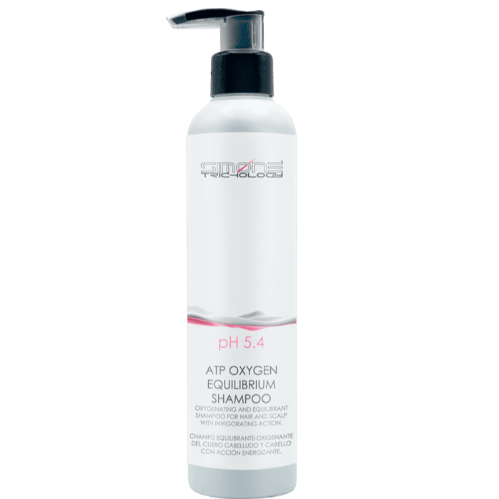 A pump bottle of Simone Trichology ATP Oxygen Equilibrium Shampoo 250ml with white and red label.